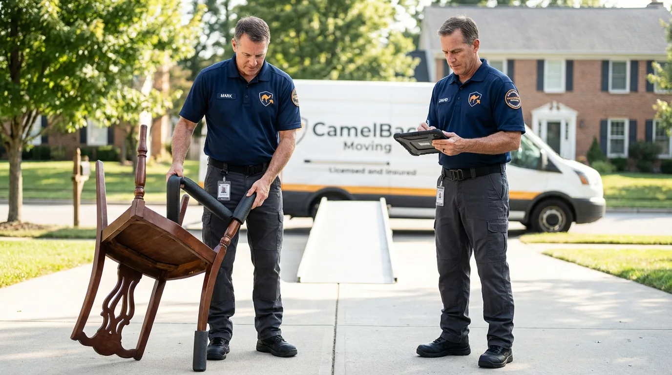 Movers inspecting furniture for damage prevention before loading in American Canyon, CA